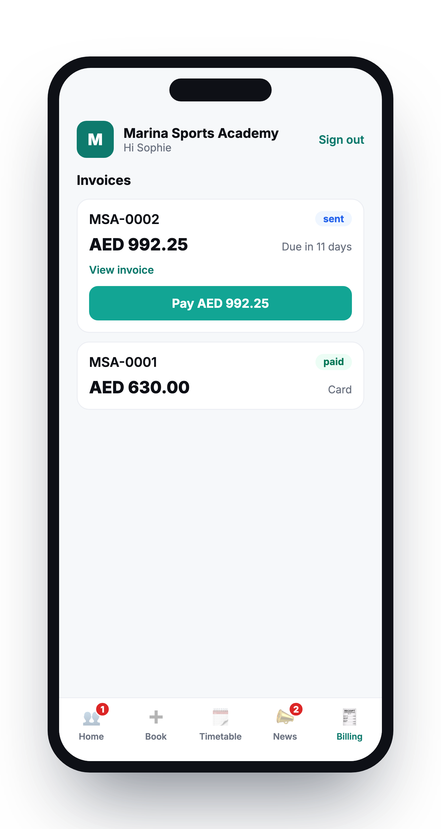 Schedly customer app billing - VAT invoices with a pay button and status